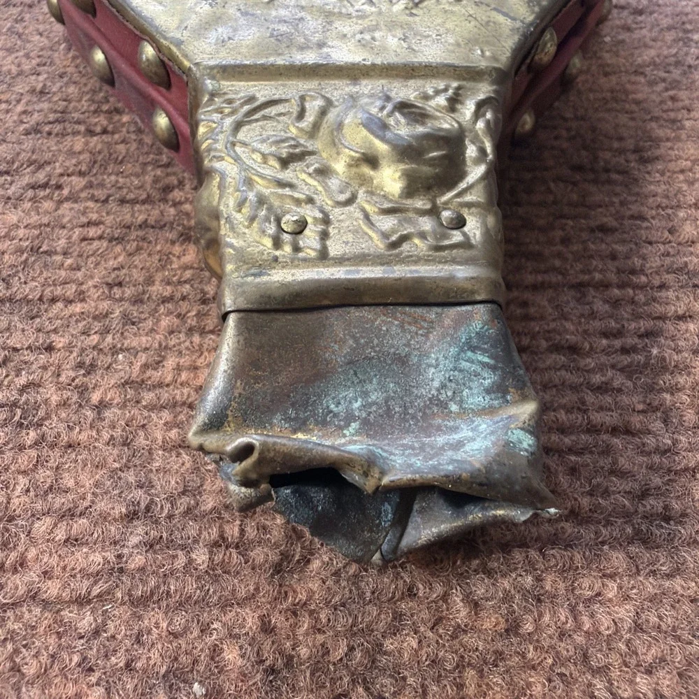 Fireplace Bellow Vintage Brass, Red Leather Wood  13 Inches Used Works Great VTG